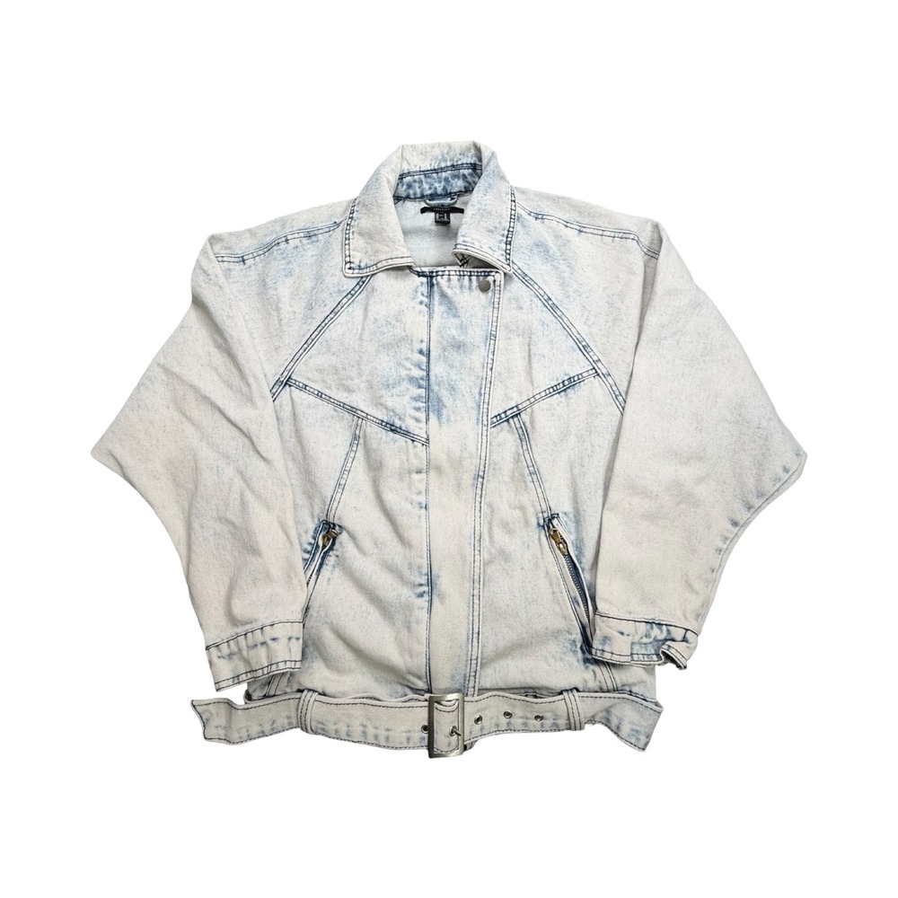 Forever 21 Denim Jacket Womens M Light Acid Wash Belted Moto 80s Style Western